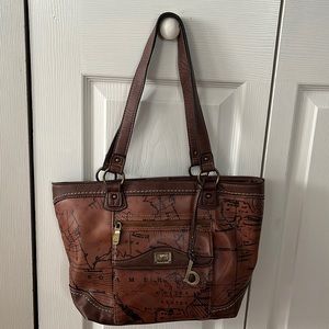 Boc shoulder bag. Brown with map design.